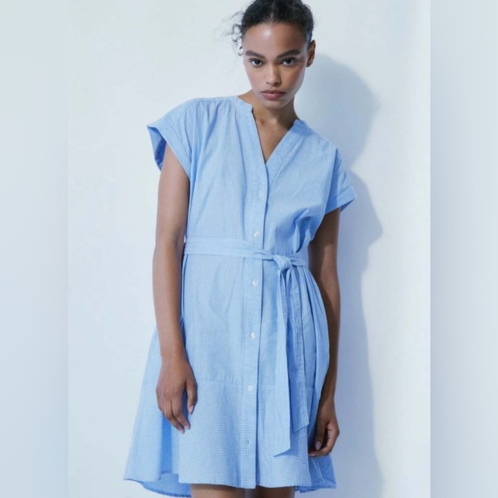 Melissa Nepton Robe Maeva Mini Dress in‎ Blue Chambray Stripe